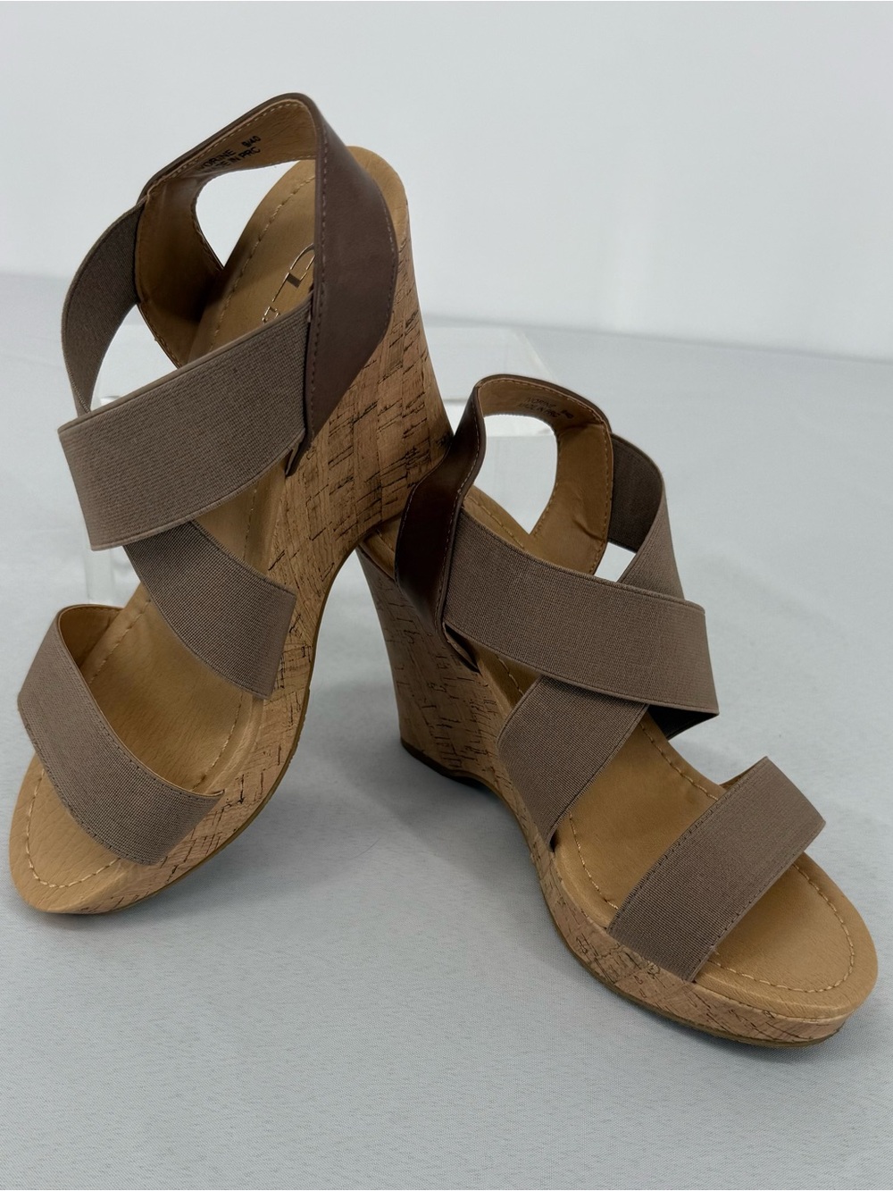 CL by Laundry Cork Wedge Sandals - Brown Elastic Straps Size 9 / EU 40